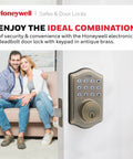 Keyless Entry Door Lock With Smart Electronic Keypad Deadbolt 50 User Codes Auto Lock Alarm After Four Incorrect Attempts Easy Install No Brainer Front Door Security Upgrade Antique Brass Finish mounted on a white door, with a couple sitting nearby.