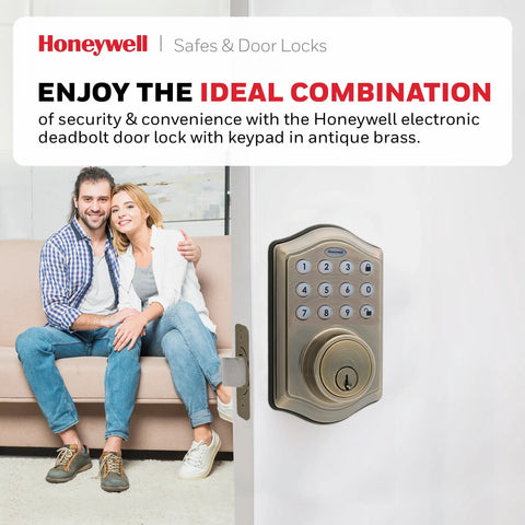 Keyless Entry Door Lock With Smart Electronic Keypad Deadbolt 50 User Codes Auto Lock Alarm After Four Incorrect Attempts Easy Install No Brainer Front Door Security Upgrade Antique Brass Finish mounted on a white door, with a couple sitting nearby.