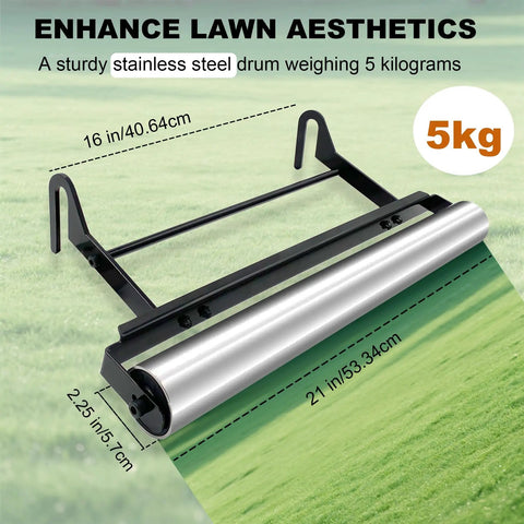 Stainless Steel Mower Striping Kit For EGO 21 Inch Walk Behind Mowers Pro Grade Build Lets You Create Sharp Lawn Patterns With Or Without The Bagger Easy To Install And Quick Disassemble For Hassle Free Maintenance, showcasing 5kg drum and dimensions