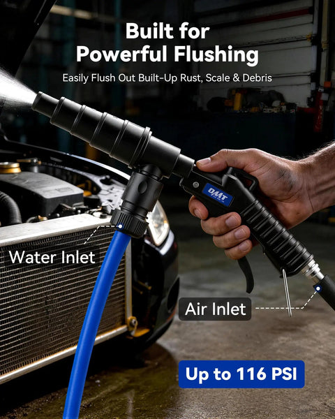 Premium Heavy Duty Coolant Flush Gun Radiator Cleaning Kit Fits 0.75 To 1.57 Inch Hoses showing nozzle and air inlet design.