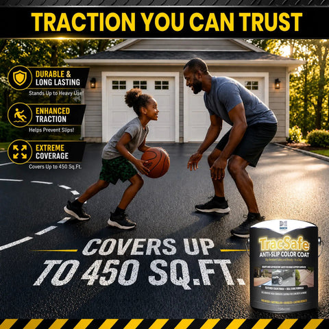 No Fumble Non Slip Concrete Color Coat, Textured Real Stone Aggregate Finish, Hella Durable All Season Traction Paint For Smooth Indoor Floors And Outdoor Walkways, Graphite Gray 1 Gallon, shown in use on driveway with family.