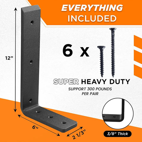 Heavy Duty 12 Inch Countertop Support Brackets For Granite And More with mounting hardware, dimensions and capacity details shown