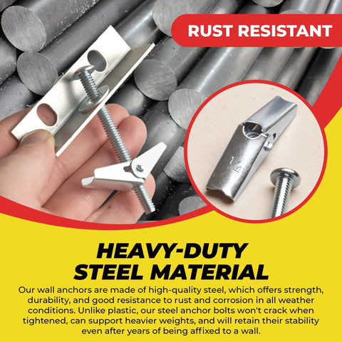 Heavy Duty Toggle Bolt Anchor Kit For Drywall Includes 1/8 X 2 In, 3/16 X 3 In, And 1/4 X 3 In Toggle Bolts Ideal For Mounting Shelves, TV Brackets, And Butterfly Anchors With Safe High Load Support. Rust-resistant steel toggle bolt with screw shown open for drywall mounting