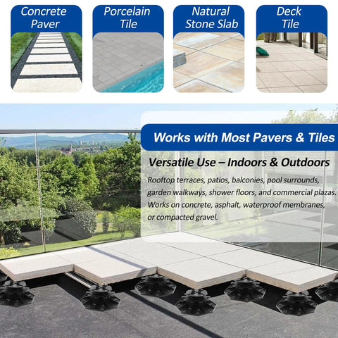 Beefy and Heavy Duty Adjustable Paver and Tile Pedestal Set, 26 Pack, installed on balcony for leveling and drainage.