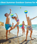 Kids playing with Outdoor Toss And Catch Ball Set For Kids Beach Toys And Backyard Games at the beach, smiling, sunny day.