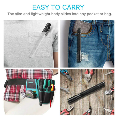 Rechargeable Pen Flashlight With USB Charging Ultra Compact 5.7 Inch EDC Light in pocket, tool belt, and on workbench