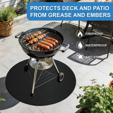 36 Inch Double Sided Fireproof Fire Pit Mat for Bonfire under grill, protecting patio from embers, heat, and grease.
