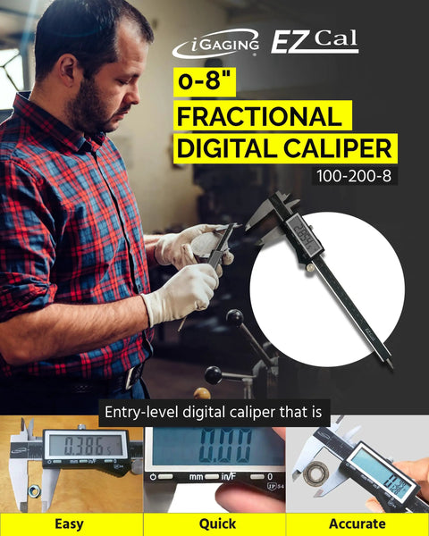 Man using EZCal Digital Caliper 0 To 8 Inches 200 mm With IP54 Splash Water, Oil And Dust Resistant Housing for precise measurement