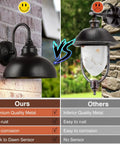 Comparison of Gooseneck Barn Light Outdoor With Sensor Dusk To Dawn Farmhouse Wall Sconce and another light on stone wall