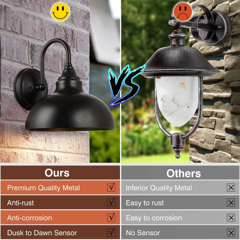 Comparison of Gooseneck Barn Light Outdoor With Sensor Dusk To Dawn Farmhouse Wall Sconce and another light on stone wall