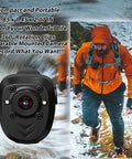 Close-up of 64GB Body Cam For Patrol And Everyday Use 1080P Night Vision Wearable Camera in action on hiker with orange jacket