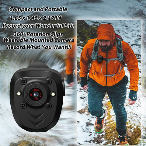 Close-up of 64GB Body Cam For Patrol And Everyday Use 1080P Night Vision Wearable Camera in action on hiker with orange jacket