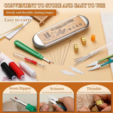Big Eye Steel Sewing Needles Kit With 42 Pieces, 6 Sizes For Hand Sewing, Includes Seam Ripper, Threader, Scissors, Thimbles, And Storage Box With Threads For Quilting