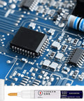 Three Piece No Clean Soldering Pen Rosin Solder Pen For Electronics Tabbing Wiring Liquid Solder For PCB Board Maintenance And Welding Pro Grade Tools 5.6 Inch Length Grab And Go Soldering Kit shown with circuit board and pen close-up.