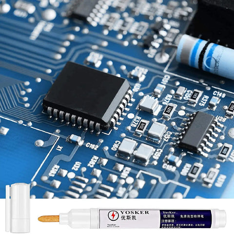 Three Piece No Clean Soldering Pen Rosin Solder Pen For Electronics Tabbing Wiring Liquid Solder For PCB Board Maintenance And Welding Pro Grade Tools 5.6 Inch Length Grab And Go Soldering Kit shown with circuit board and pen close-up.
