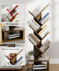 6 Tier Tree Bookshelf For Small Spaces, Corner Display Rack, showing books and decor on rustic brown hardwood shelves.