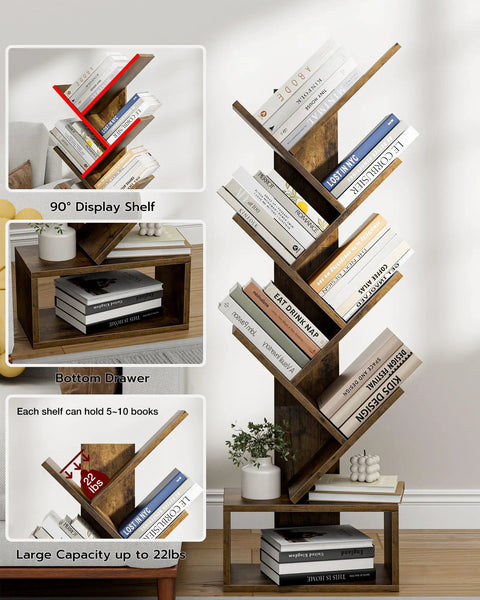 6 Tier Tree Bookshelf For Small Spaces, Corner Display Rack, showing books and decor on rustic brown hardwood shelves.