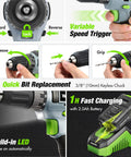 Features of 20V Cordless Drill Driver Set With 157 Piece Home Tool Kit Including Drill Bits Sockets And Screwdrivers Plus A 14 Inch Wide Mouth Storage Bag For Easy Home Repairs Green Great For Home Projects And Quick Repairs shown