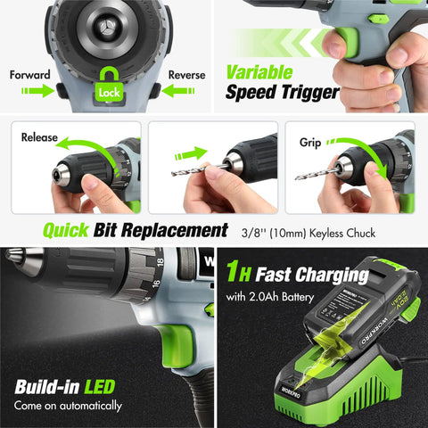 Features of 20V Cordless Drill Driver Set With 157 Piece Home Tool Kit Including Drill Bits Sockets And Screwdrivers Plus A 14 Inch Wide Mouth Storage Bag For Easy Home Repairs Green Great For Home Projects And Quick Repairs shown