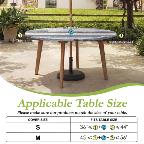 Brown Round Outdoor Fitted Tablecloth With Umbrella Hole Waterproof Wipeable Zippered Patio Table Cover on a patio table