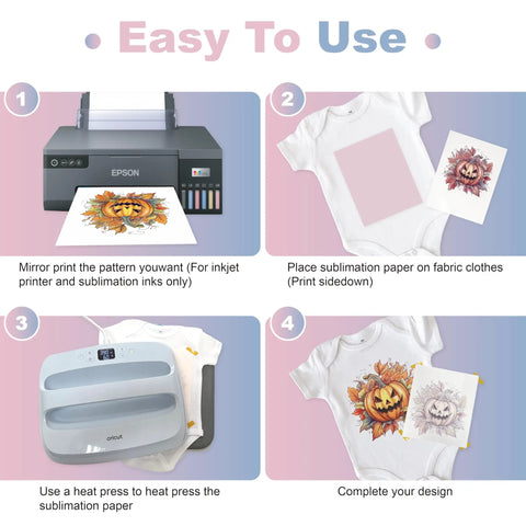 Instructions showing use of Top Notch Sublimation Paper 8.5x11 Inch, 120 Sheets, 120gsm with inkjet printer for t-shirt transfer