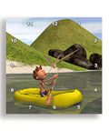 Cartoon Man On Ocean Rowing Inflatable Raft 13x13 Wall Clock With Silent Quartz Movement on high gloss aluminum display
