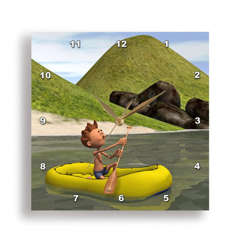 Cartoon Man On Ocean Rowing Inflatable Raft 13x13 Wall Clock With Silent Quartz Movement on high gloss aluminum display
