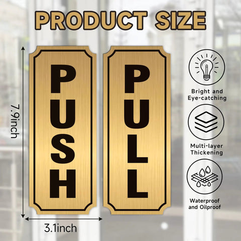Push And Pull Door Sign Set Self Adhesive Durable Waterproof Vinyl Decals Black And Gold For Home Office Cafe Storefronts Glass Doors And Handles Easy Peel And Stick 7.8 Inch By 3.1 Inch, product size diagram
