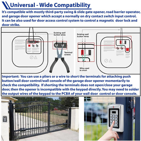 Weatherproof 12 To 24 Volt AC DC Metal Wired Keypad Stand Alone Access Controller installed on gate showing compatibility.