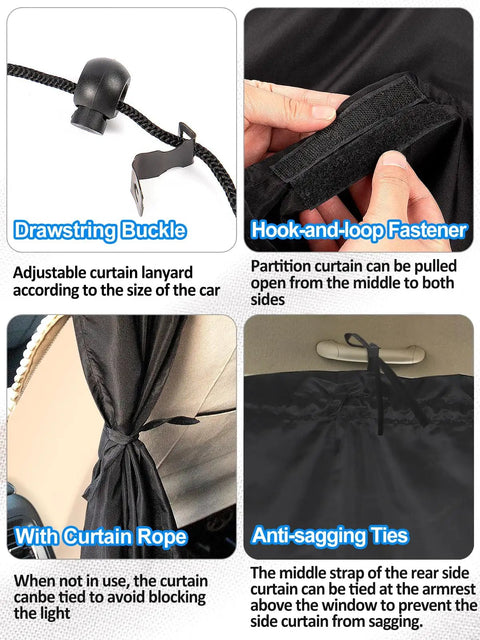 Set Of 3 Car Window Shades With Privacy Divider And Side Window Covers showing drawstring buckle, hook-and-loop fastener, curtain rope, and anti-sagging ties for 95 Percent Light Blocking Sunshades For Nap Time Camping And Comfort.