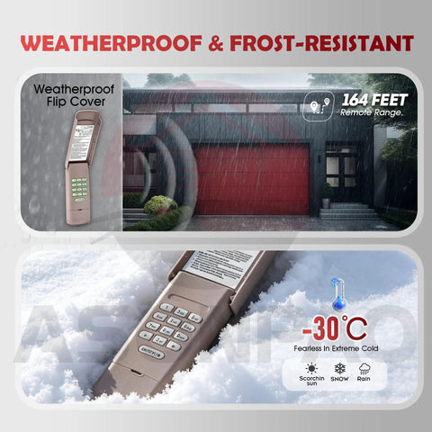 Universal Wireless Garage Door Opener Keypad That Just Works With Chamberlain Craftsman Sears Openers, shown weatherproof and frost-resistant in rain and snow.