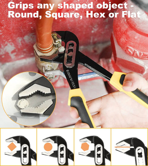 Using 10 inch groove joint pliers from All In One 8 Piece Pliers And Tools Set With Hammer And Pouch gripping a pipe fitting