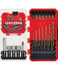 Open box showing 35 piece screwdriver bit set with heavy duty shock resistant steel CNC machined tips, includes four drill bits.