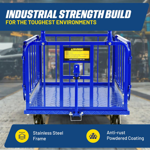 Heavy Duty Goodyear Cargo Trailer With 1200 Lbs Capacity, Aluminum Utility Cart showing stainless steel frame and blue color design.