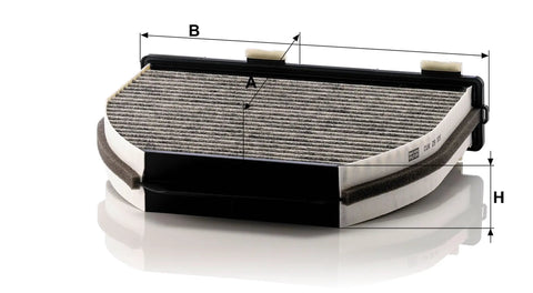 Mercedes-Benz Cabin Air Filter With Activated Carbon Replacement For E350 C300 C250 And More, OEM filter side view with dimensions