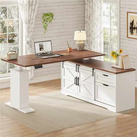 L Shaped Standing Desk With Storage Drawers And Power Outlets, 55 Inch Height Adjustable Corner Desk For Home Office in white