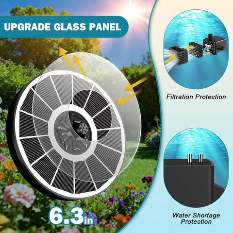 Solar Bird Bath Fountain Pump with 3.5W Glass Panel, White Panel Design, and 2000mAh Battery in garden setting