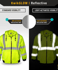 Men's Reflective Safety Jacket Fleece Hoodie Yellow High Visibility Class 3 ANSI OSHA Compliant shown in standard and light-activated visibility.