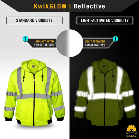 Men's Reflective Safety Jacket Fleece Hoodie Yellow High Visibility Class 3 ANSI OSHA Compliant shown in standard and light-activated visibility.