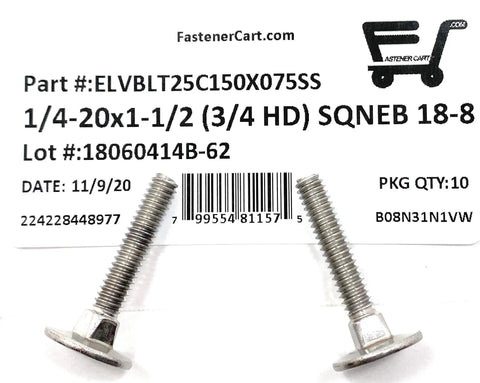 Pack Of Ten One Quarter Twenty By One One Half Inch Stainless Steel Elevator Bolts With Square Necks And Three Quarter Inch Heads Eighteen Point Eight Rust Resistant Grade Keeps Things Tight And Delivers Tough As Nails Performance On Every Job