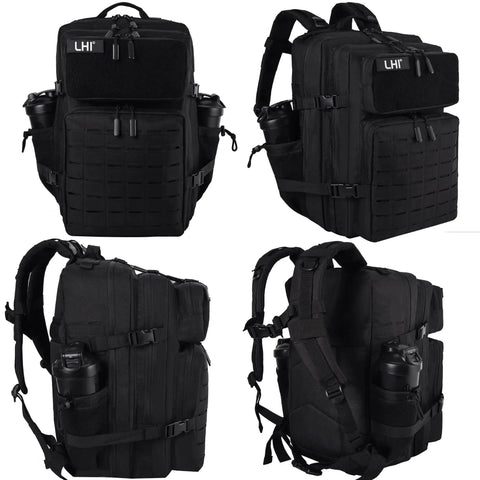 Rugged 45 Liter Tactical Military Backpack With MOLLE System For Everyday Carry And 3 Day Trips, Durable Water Resistant Army Style Pack For Men And Women, Black showing front, side, and back views.