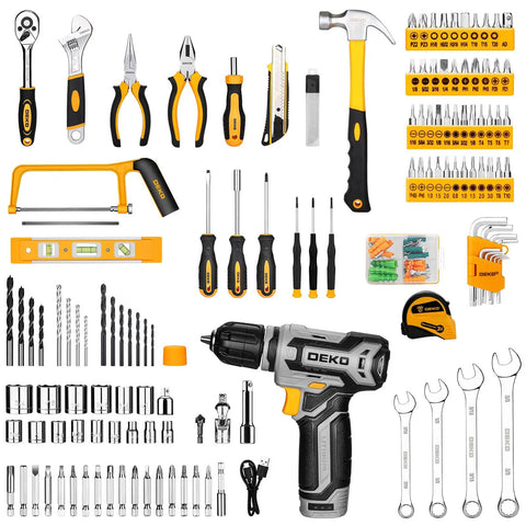 Home Mechanic Tool Box Set With 12V Cordless Drill For DIYers Handy Tools Kit displayed with assorted tools and accessories.