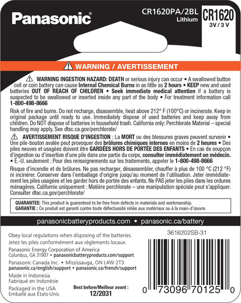 Top Tier CR1620 3V Lithium Coin Cell Batteries Packaged In Secure Child Proof Blister Packs safety warning label.