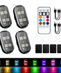 Wireless LED Strobe Lights Kit with remote, USB cables, four lamp beads shown with eight color options and accessories.