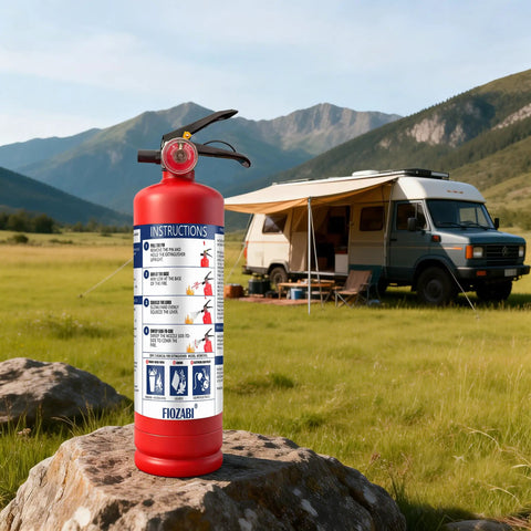This 2.5 Lb Abc Fire Extinguisher Is A Total Game Changer For Home Garage And Car Safety As The Dry Chemical Formula Handles Grease Electric And Fuel Fires Like A Pro On Boat Or Kitchen Duty, positioned on a stone with a camper in the background.