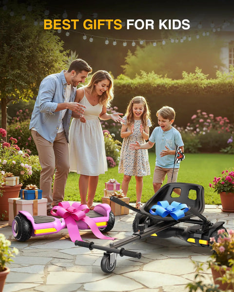 Family enjoying Two In One Off Road Self Balancing Scooter With Adjustable Seat Attachment For Kids And Adults, pink go-kart style.