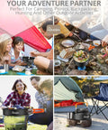 Portable Camping Cooking Set with folding wind screen, lightweight aluminum pots and pan, 800ml teapot in outdoor setting.