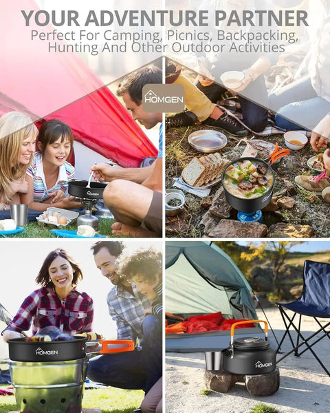 Portable Camping Cooking Set with folding wind screen, lightweight aluminum pots and pan, 800ml teapot in outdoor setting.
