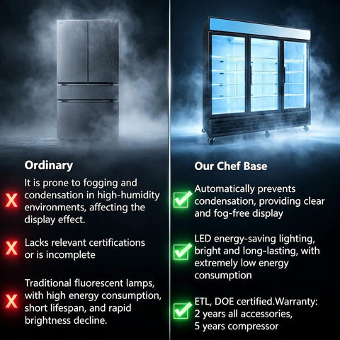 Heavy Duty 70 Cubic Foot Commercial Freezer With Swinging Glass Doors And Led Top Panel upright reach in merchandiser cabinet comparison image.