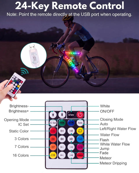 Cyclist using Colorful LED Bike Light Kit With Battery Box App And Remote Control Dope Color Lighting Modes at night